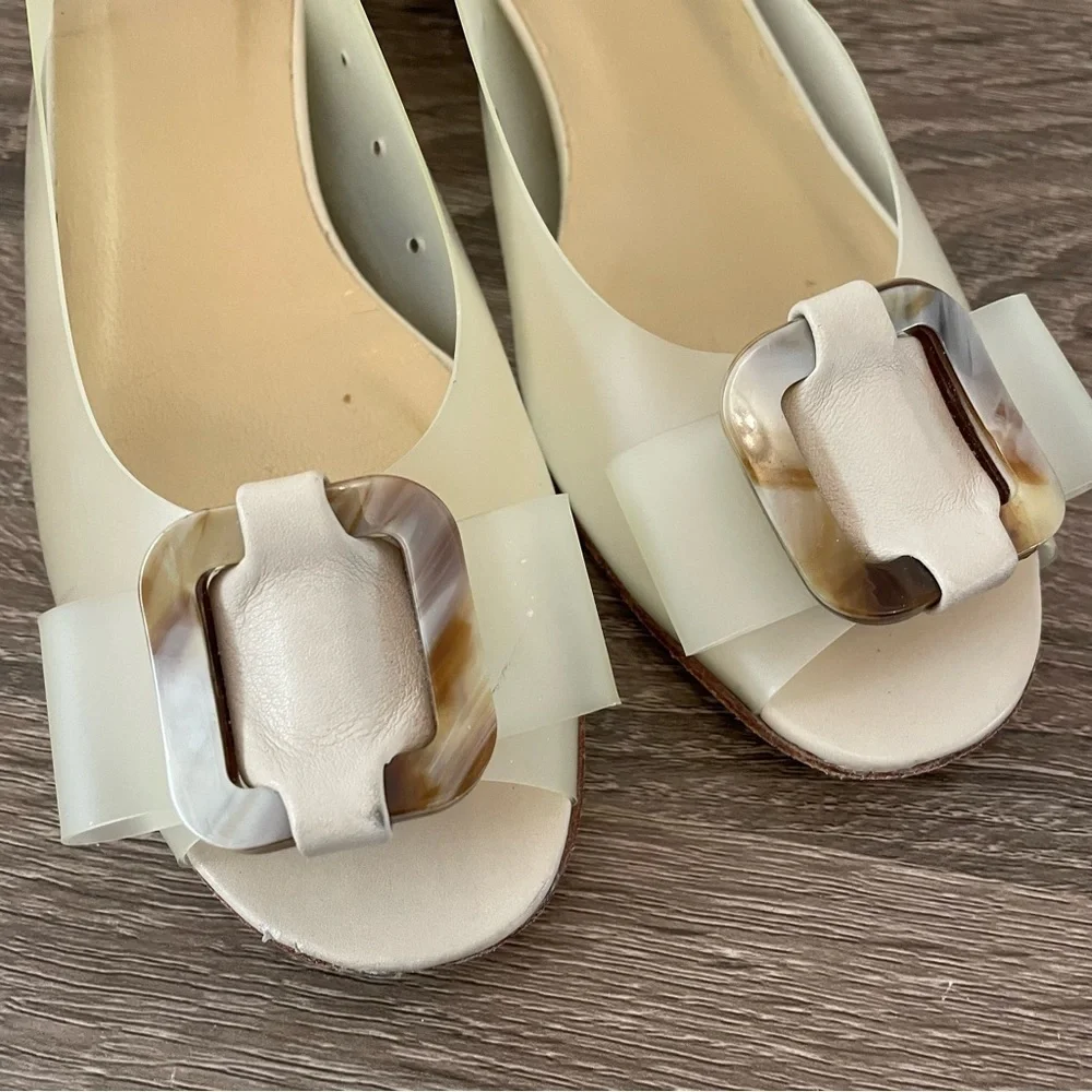 Stuart Weitzman Vintage Translucent Peep Toe Bow Slingback Sandals, Size 6.5N